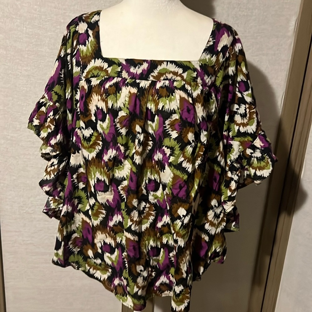 Multicolored Ethnic Print Peasant Blouse 1X Terra & Sky